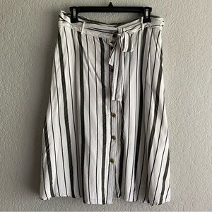 LOFT Black and White A-line Midi Skirt with Tie Front